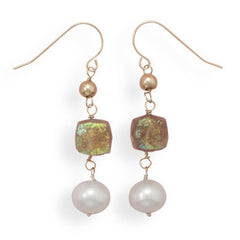 14 Karat Yellow Gold Earrings with Cultured Freshwater Pearl and Quartz