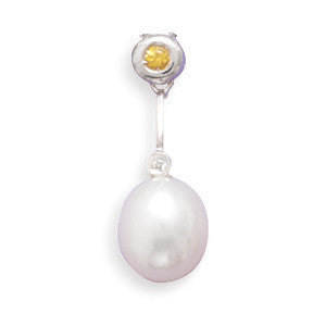 14K White Gold 7.5-8mm Cultured Freshwater Pearl Slide with Yellow Sapphire and Diamond