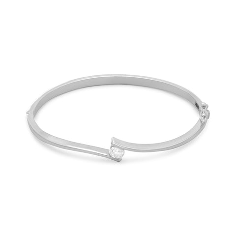 Rhodium Plated Hinged Bangle with CZ