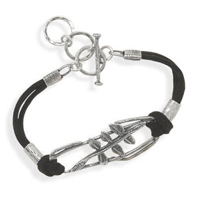 6"+1" Black Suede Toggle Bracelet with Abstract Leaf Design