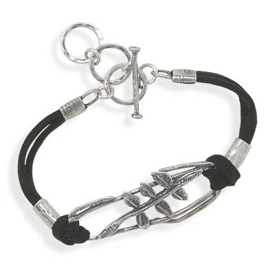 6"+1" Black Suede Toggle Bracelet with Abstract Leaf Design
