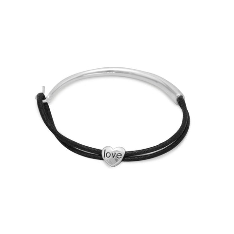7" Black Cord and Sterling Silver Bracelet with Heart Slide