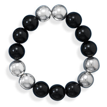 Black Onyx and Sterling Silver Bead Bracelet