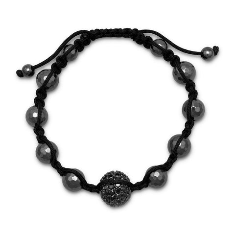 Adjustable Macrame Bracelet with Black CZ and Hematite