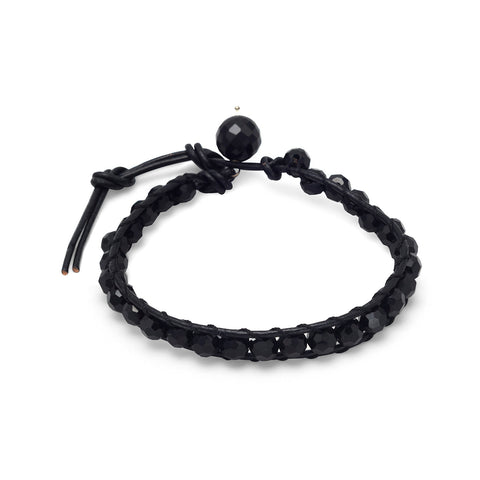 7"+1" Black Leather and Crystal Bracelet