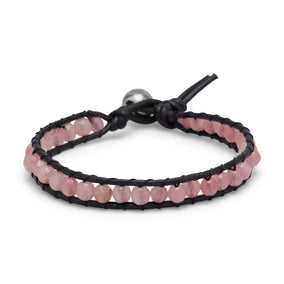 7" Leather and Pink Quartz Bracelet