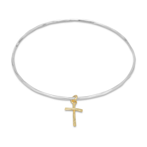 Textured Bangle with 14 Karat Gold Plated Cross Charm