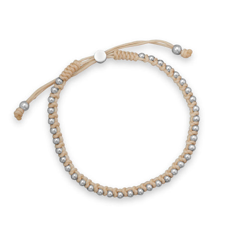 Adjustable Ivory Cord and Sterling Silver Bead Bracelet