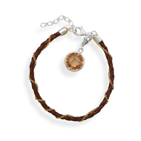 7" + 1" Leather Bracelet with Champagne CZ Charm