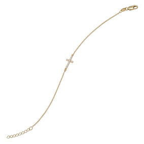 7" + 1" 14 Karat Gold Plated Bracelet with CZ Sideways Cross