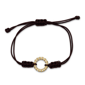 Adjustable Brown Cord Bracelet with 14 Karat Gold Plated CZ Circle