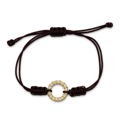 Adjustable Brown Cord Bracelet with 14 Karat Gold Plated CZ Circle