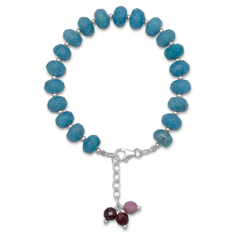 7.5" + 1" Handmade Blue Quartz and Ruby Bead Bracelet