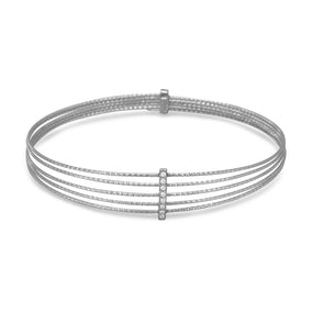 Rhodium Plated Multirow Twisted Wire Bangle with CZ Bar