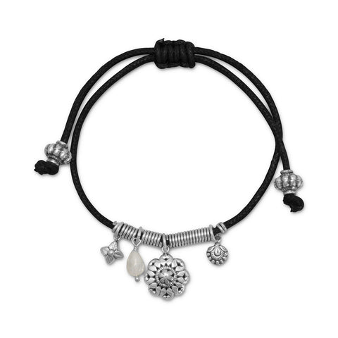 Adjustable Cord Bracelet with Rainbow Moonstone and Oxidized Charms