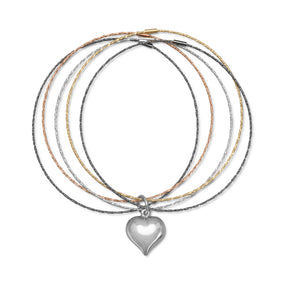 Tri Tone Multistrand Bangle Bracelet with Heart Drop