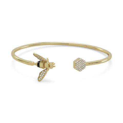 14 Karat Gold Plated and Signity CZ Bee Flex Cuff