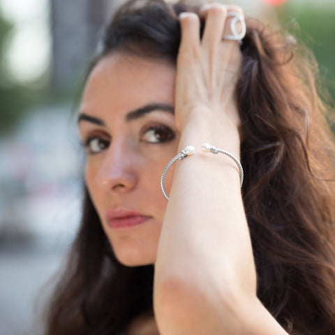 Rhodium Plated Cuff Bracelet with Cultured Freshwater Pearl Ends