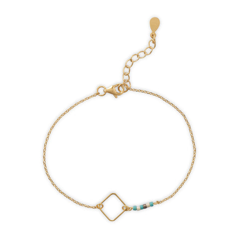 14 Karat Gold Plated Bracelet with Large Square Link and Glass Seed Beads