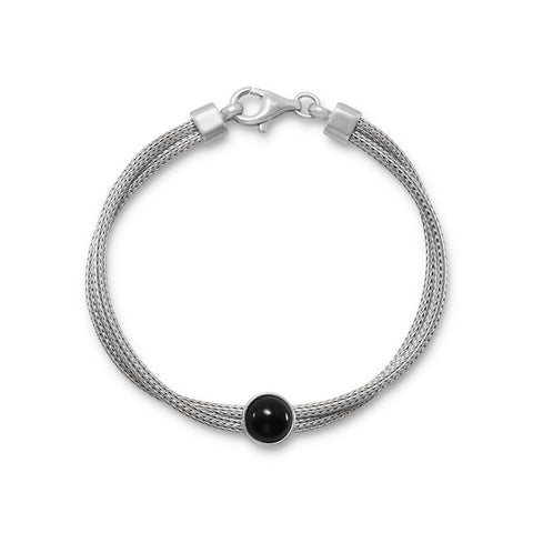 Rhodium Plated Double Mesh Strand and Black Onyx Bracelet