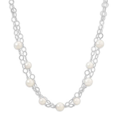16"+2" Extension Double Strand White Glass Pearl Necklace