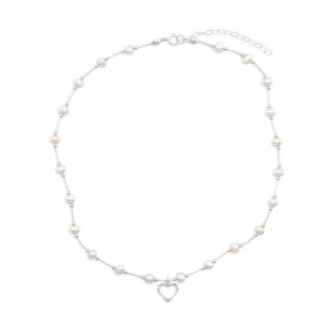 14" +2" Extension Cultured Freshwater Pearl Necklace with Open Heart Drop