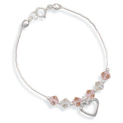 6" Crystal and Liquid Silver Bracelet with Open Heart Drop