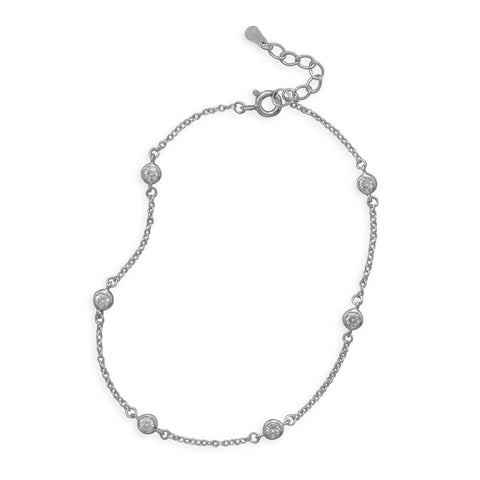 9" + 1" Extension Rhodium Plated 6 Bezel Set CZ Anklet