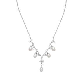 16" + 2" Rhodium Plated CZ Flower and Pearl Necklace