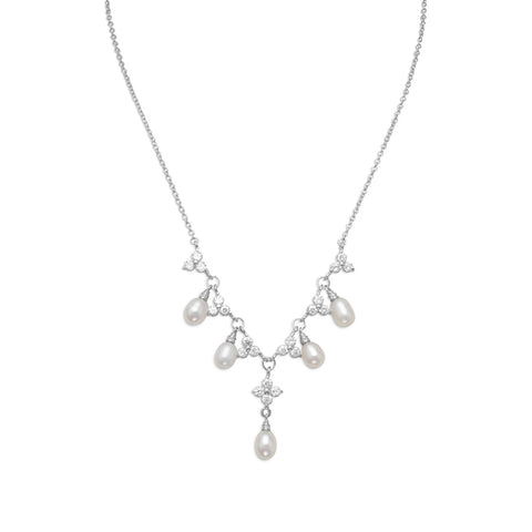 16" + 2" Rhodium Plated CZ Flower and Pearl Necklace