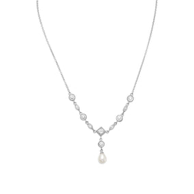 16" Rhodium Plated Cultured Freshwater Pearl & Marquise/Round CZ Necklace