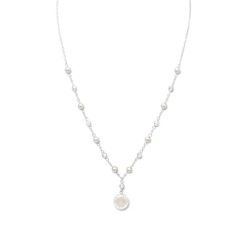16" + 2" Extension White Coin Cultured Freshwater Pearl and Swarovski Crystal Necklace