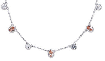 16" + 2" Extension Rhodium Plated Necklace with Pear Champagne CZs and Clear Round CZs