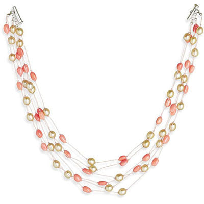 16" 6 Strand Necklace with Bronze Cultured Freshwater Pearls and Coral