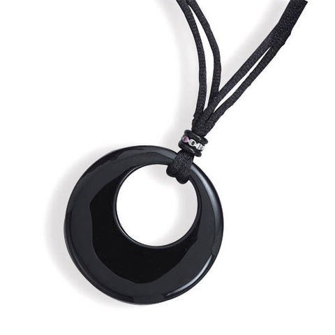 16" + 2" Extension Satin Cord Necklace with Graduated Black Onyx Circle Pendant