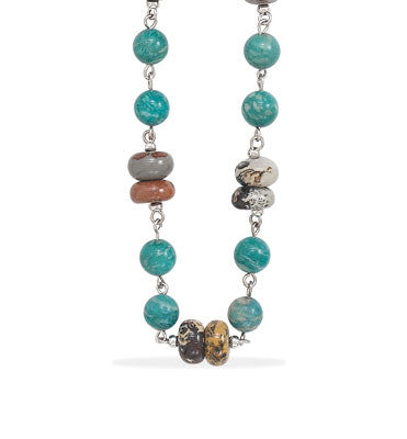 25" Rhodium Plated Necklace with Amazonite and Jasper Beads