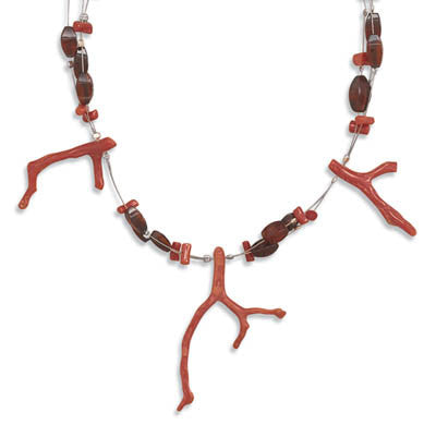 17" Three Strand Necklace with Baltic Amber and Red Coral