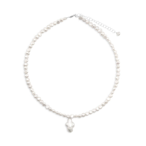 13"+2" Extension Cultured Freshwater Pearl Necklace with Pearl Cross