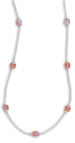 13"+2" Extension Pink Czech Glass Cubes with Liquid Silver Necklace