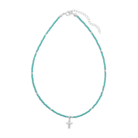 13"+2" Extension Turquoise Glass Bead Necklace with Cross Charm