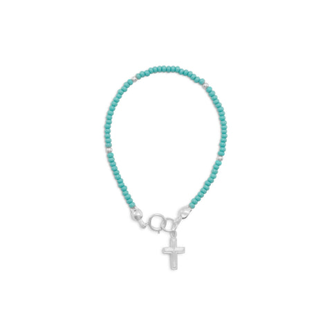 5.5" Turquoise Glass Bead  Bracelet with Cross Charm