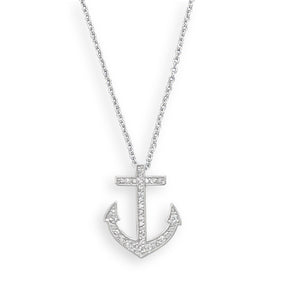 18" Rhodium Plated CZ Anchor Necklace