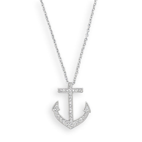 18" Rhodium Plated CZ Anchor Necklace