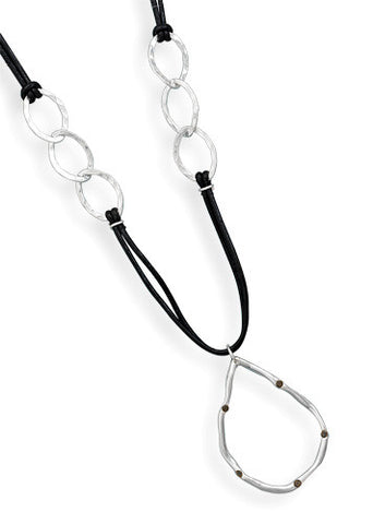 16" Leather Necklace with Hammered Links and Smoky Quartz