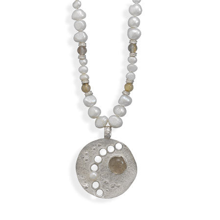 18"+2" Extension Cultured Freshwater Pearl and Rutilated Quartz Necklace