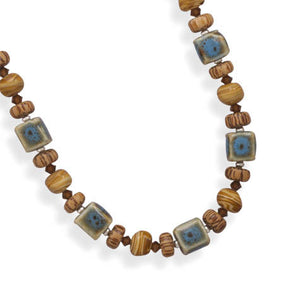 17"+2" Extension Glass and Wood Bead Necklace
