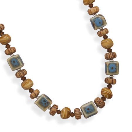 17"+2" Extension Glass and Wood Bead Necklace