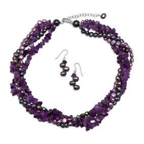 Amethyst and Cultured Freshwater Pearl Necklace and Earring Set