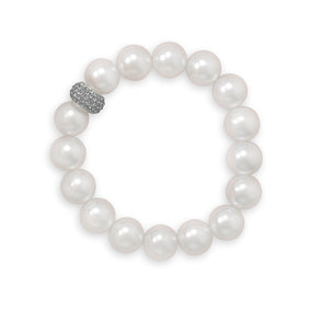 7" White Glass Pearl and Crystal Stretch Bracelet