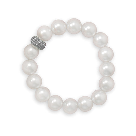 7" White Glass Pearl and Crystal Stretch Bracelet